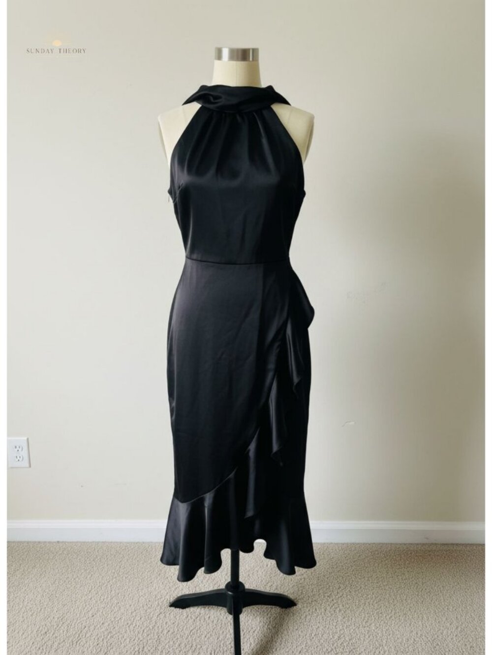 Satin Mock Neck Sleeveless Midi Dress Bodycon Wrap Ruffled Wedding